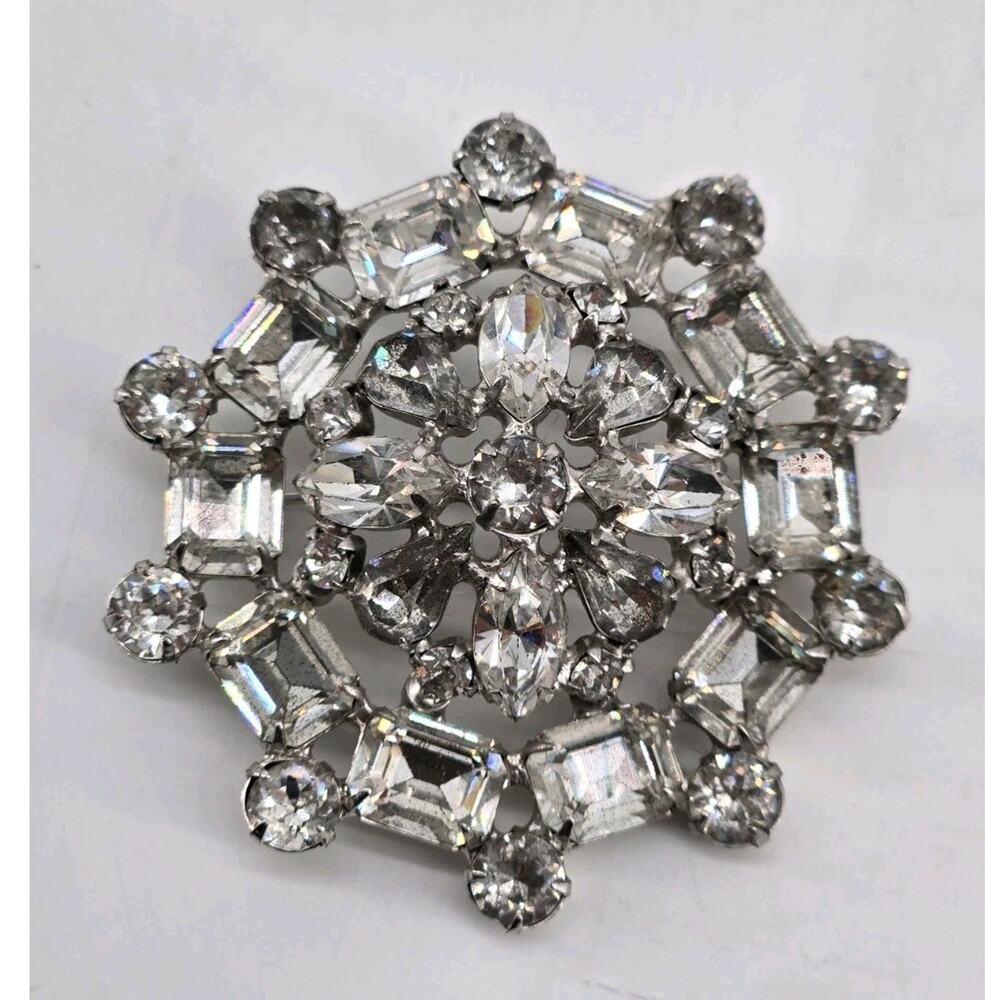 Vintage 40s Joseph Wiesner NY Silver Tone & Clear Rhinestone Pin Brooch